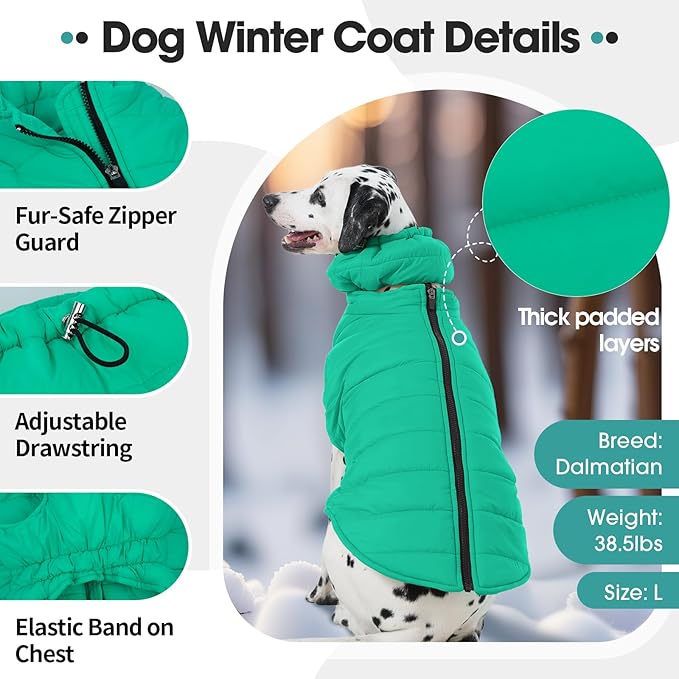 Dog Coat for Large Dogs, Dogs Snow Jacket with Back Zipper, Winter Warm Dog Puffer Vest with Detachable Neck Wrap, Winter Pet Clothes Elastic Band on Chest for Springer, Dalmatian, Green L