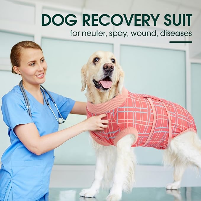 Kuoser Dog Recovery Suit for Female Male Dogs, Post-Surgery Bodysuit for Spay Neuter, Dog Onesie After Surgery, Anti-Licking Pet Surgical Recovery Suit, Pink XXL