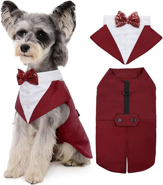 Kuoser Dog Tuxedo Dog Suit and Bandana Set, Dogs Tuxedo Wedding Party Suit, Doggy Prince Bow Tie Shirt Formal Pet Wedding Attire for Large Medium and Small Dogs Golden Retriever Samo Bulldogs
