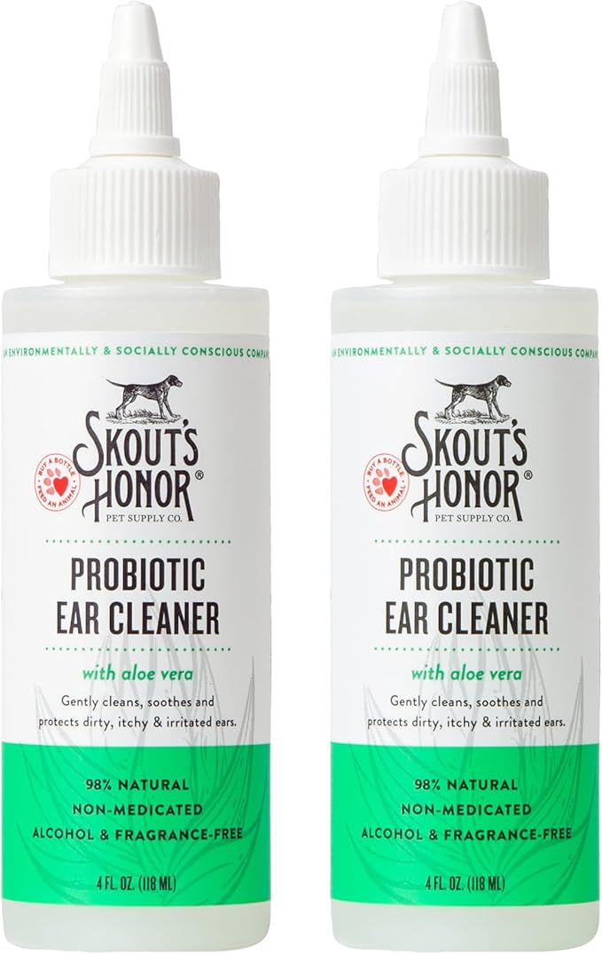 SKOUT'S HONOR Probiotic Dog Ear Cleaner Solution with Aloe Vera - Alcohol-Free, Fragrance-Free, Non-Medicated Ear Wash for Dogs - Microbione Friendly Certified, 4 oz., 2-Pack