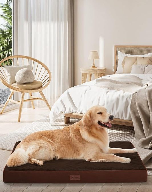 OhGeni Orthopedic Waterproof & Machine Washable Dog Bed for Medium Large Pets, Cat Mat with 25D Egg Crate Foam, Non-Slip Bottom & Removable Cover, 44 Inches(Brown)