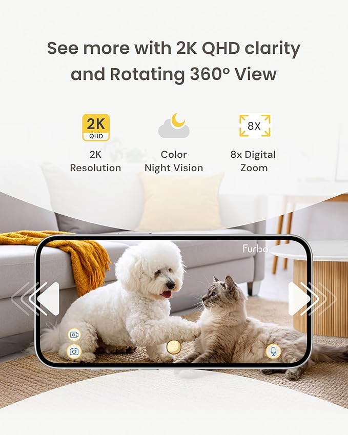 Furbo Mini 360° [New] 2K QHD Pet Camera: Dog & Cat Rotating Treat Dispenser w/Phone App, Smart Indoor Cam with 2-Way Speaker & Night Vision. No Subscription Needed. Standard See, Talk, & Toss Features