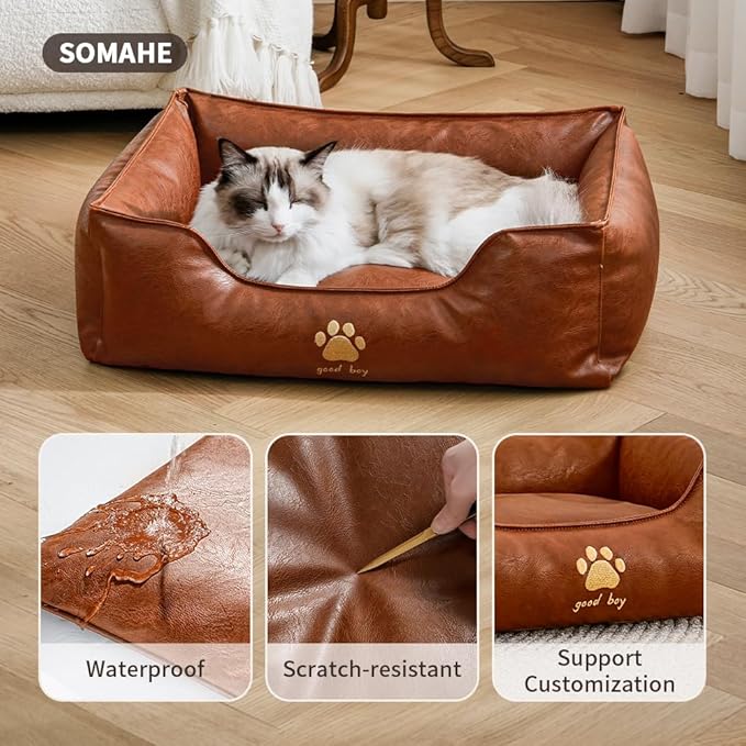 Premium Leather Cat Bed for Indoor Cats Premium Small Dog Bed Pet Nest with Anti-Slip Base Ultra Soft Texture for Comfortable Rest 24 × 18 × 9 inch Brown