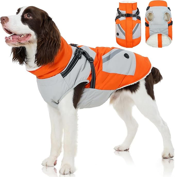 FUAMEY Dog Winter Jackets for Large Dogs,Dog Coat with Harness Built in,Waterproof Dogs Snowsuits Warm Pet Jacket Zip Up Fleece Cold Weather Coats Reflective Puppy Vest with Pocket Orange L