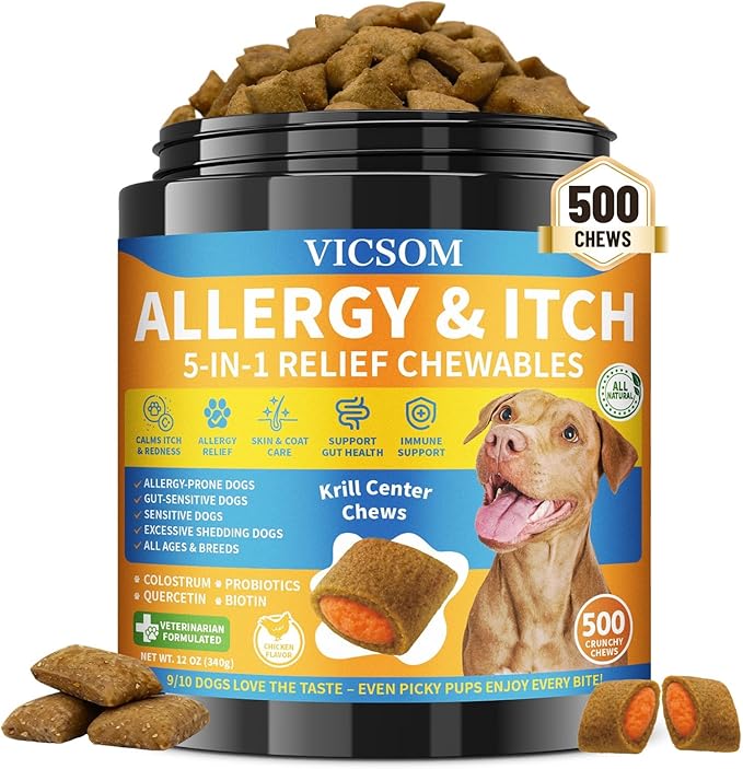 Dog Allergy Relief Chews, Dog Itching Skin Relief, 500 Crunchy Krill Center Seasonal Allergy Anti-Itch Chews, Itchy Ear & Paw Licking, Colostrum, Quercetin & Probiotics for Gut, Immune, Skin & Coat