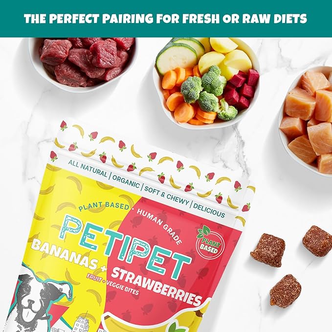 Bananas+Strawberries Plant-Based Fruit Dog Treats - Strawberry, Apple, Banana Soft & Chewy Treats - Healthy, Vegetarian, Vegan - Organic Ingredients, Low-Protein, Hypoallergenic, Gluten-Free
