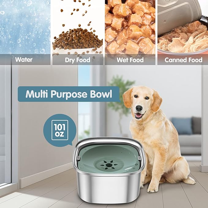 UPSKY 3L Dog Water Bowl 101oz Stainless Steel Dog Bowl No Spill Large Capacity Dog Food Water Bowl Slow Water Feeder, Spill Proof Pet Water Dispenser Vehicle Carried Travel Water Bowl