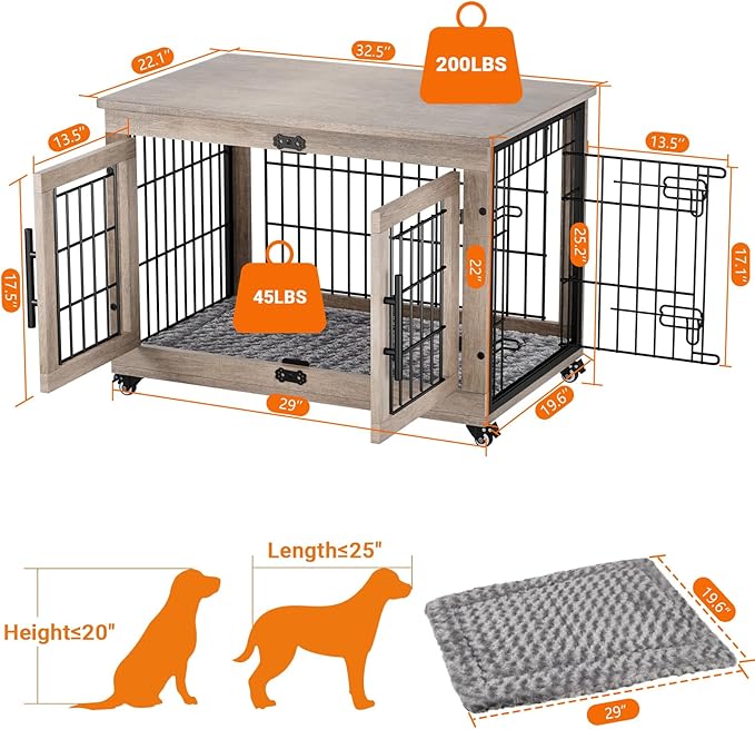 Dog Crate Furniture with Cushion Set of 2, Wooden Dog Kennel Indoor with Wheels & Double Doors, Dog Cage Side End Table for Medium Small Dogs up to 45 lb, 32.5” L, Grey