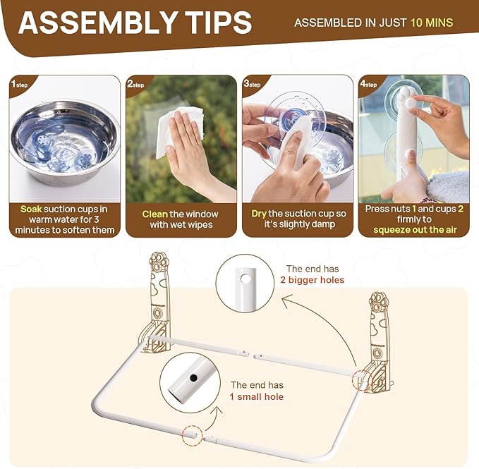 Mewoo Cat Window Perch, Cordless Window Hammock with Steel Frame and Removable Soft Cover, Embeded Cat Seat with 4 Strong Suction Cups (Grey, 1 Pack)