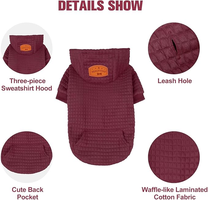 BEAUTYZOO Medium Dog Hoodie Sweater with Pockets, Dog Clothes for Small Medium Dogs Boy Girl, Waffle-Like Laminated Cotton Pet Coats with Hat and Leash Hole, Wine Red XL