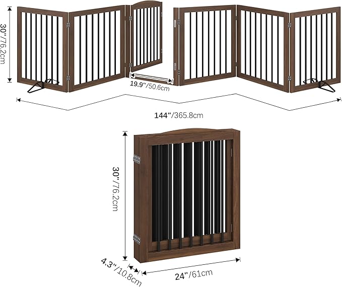 Vantas Folding Pet Gate 144" Wide, 30" Tall No-Assembly Wooden Dog Gate with Door Walk Through, Freestanding Pet Gate, Puppy Safety Fence, with 2PCS Support - Brown