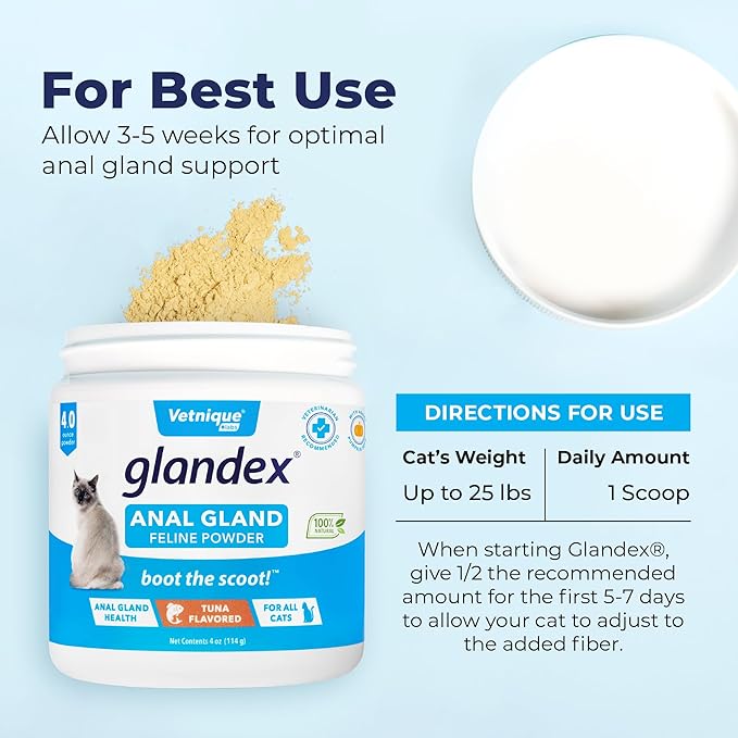 Vetnique Glandex Feline Anal Gland or Daily Probiotic Fiber Supplement Powder for Cats with Digestive Enzyme, Probiotics and Pumpkin, Vet Recommended for Healthy Bowels (4oz, Anal Gland Powder - Tuna)