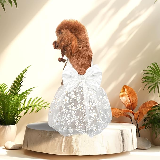 Dog Dresses, Puppy Cute Dress, Breathable Pet Clothes, Dog Slik Outfit with Bow Tie, Summer Pet Clothes, Girl Dogs Wedding Outfit, White M
