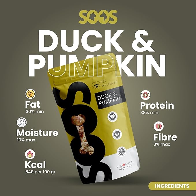 SOOS Natural Duck and Pumpkin Treats for Dogs & Cats - High Protein, Grain Free, Vitamin Minerals, Healthy Training Treats - 113g