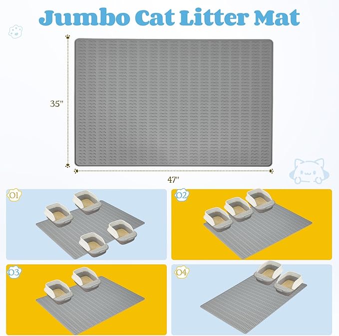 Cat Litter Mat,47x35in Extra Large Litter Mats Silicone,Waterproof Floor Litter Box Mat Indoor,Jumbo Washable Cats Litter Mat Litter Trapping Mat Easy Clean XXL(Grey)