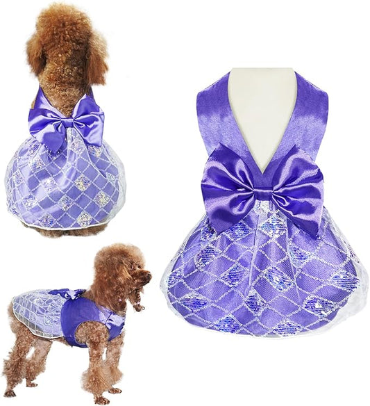 Dog Dress, Pet Birthay Clothes with Bow Tie, Dog Silk Outfit with Sequin, Puppy Princess Dress, Cute Doggy Skirt, Purple M