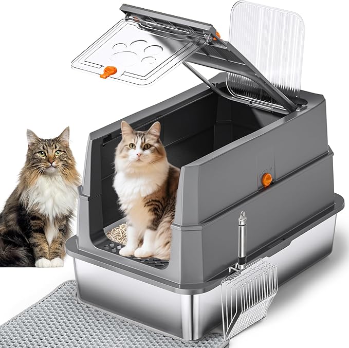 Stainless Steel Litter Box with Lid, 155° Flip Top XL Covered Enclosed Metal Cat Litter Box with Mat & Scoop, High Sided Enclosure,Anti-Leakage,Odor Free,Front & Top Dual Entry