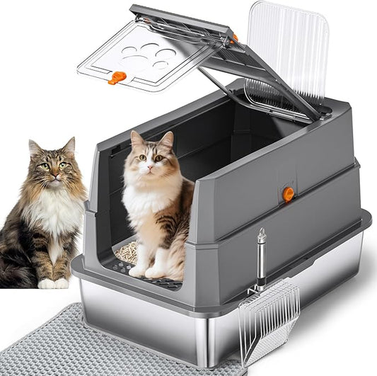 Stainless Steel Litter Box with Lid, 155° Flip Top XL Covered Enclosed Metal Cat Litter Box with Mat & Scoop, High Sided Enclosure,Anti-Leakage,Odor Free,Front & Top Dual Entry