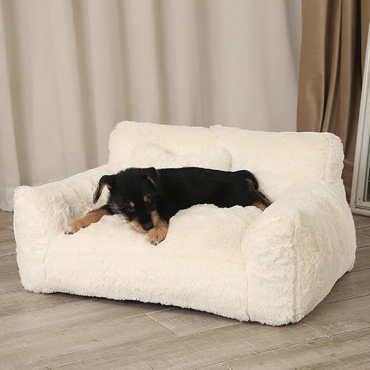 Fluffy Cat Couch, Small Dog Bed with Bone Shaped Pillow, Anti-Anxiety Pet Bed with Washable Cover, Cream
