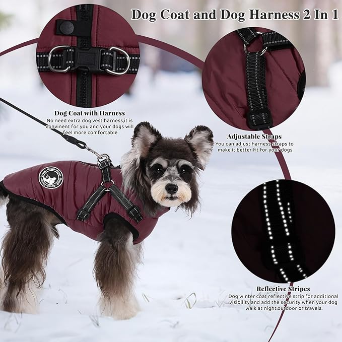 Gyuzh Dog Coat with Harness - Waterproof Winter Dog Coat, Fleece Lined, Adjustable, Reflective, for Medium Dogs - Large, Purple
