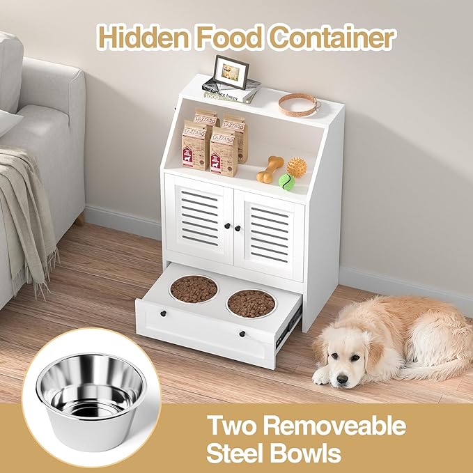 Giluta Dog Feeding Station, Food Cabinet Furniture with 2 Dog Raised Bowls, Pet Food Storage Pet Feeder Cabinet Container for Feeding&Watering Supplies,White
