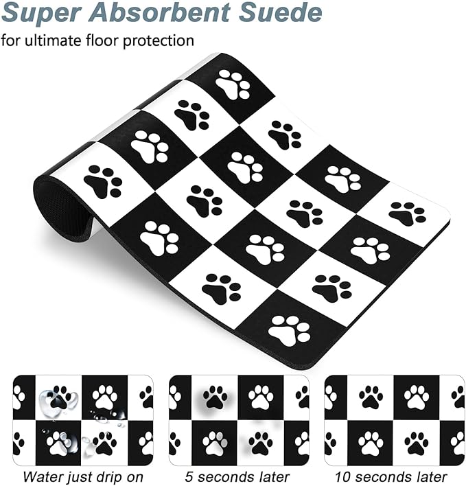Rnivvi Dog Food Mat, 12" x 19" Footprint Absorbent Dog Cat Bowl Mat for Food and Water, Cute Anti-Slip Rubber Pet Feeding Rug Protect Floors, Puppy Placemat for Feeding & Watering Supplies,Black White