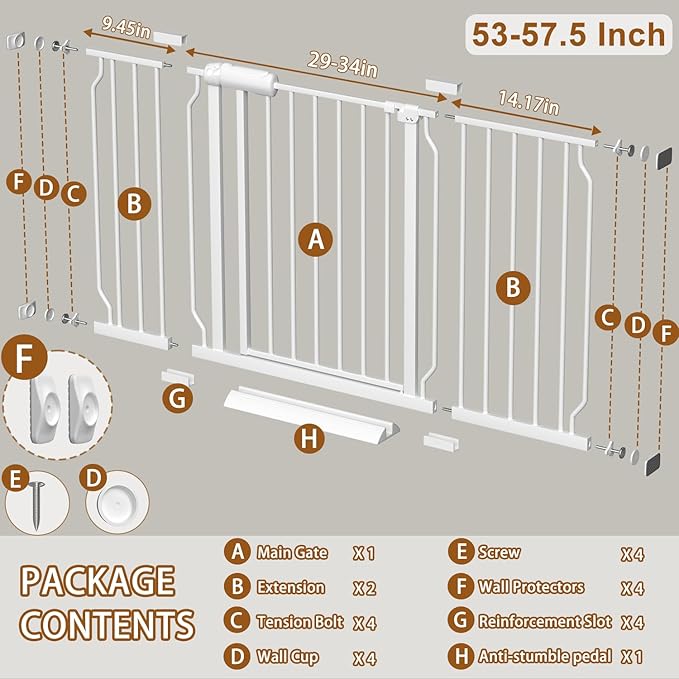 Fairy Baby Extra Wide Baby Gates 53-57.5 inch, Auto Close Child Safety Gates for Stairs Banister Doorways Hallway,Indoor Safety Child Gates for Kids or Pets