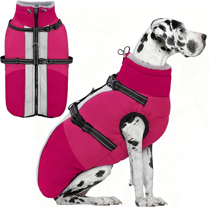 AOFITEE Dog Coat for Large Dogs, XXXL Dog Winter Jacket with Harness Built in, Turtleneck Cold Weather Coat for Extra Large Dogs, Reflective Pet Fleece Jacket with Zipper for Great Dane, HotPink 3XL