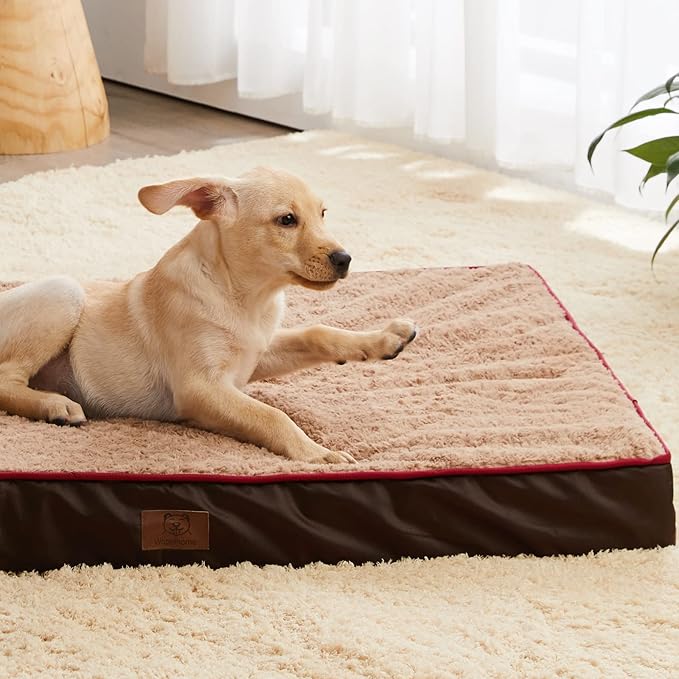 WNPETHOME Orthopedic Large Dog Bed, Large Waterproof Dog Bed with Removable Washable Cover & Anti-Slip Bottom,Egg Crate Foam Pet Bed Mat,Soft Rose Plush Pet Crate Mat