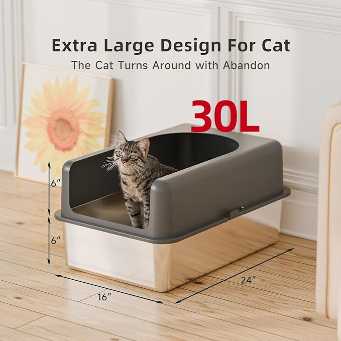 High-Sided Stainless Steel Cat Litter Box,Stainless Steel Litter Box with Lid,Extra Large,Easy-to-Clean Metal Litter Pan for Cats (24''L X 16''W X 12''H with Enclosure)