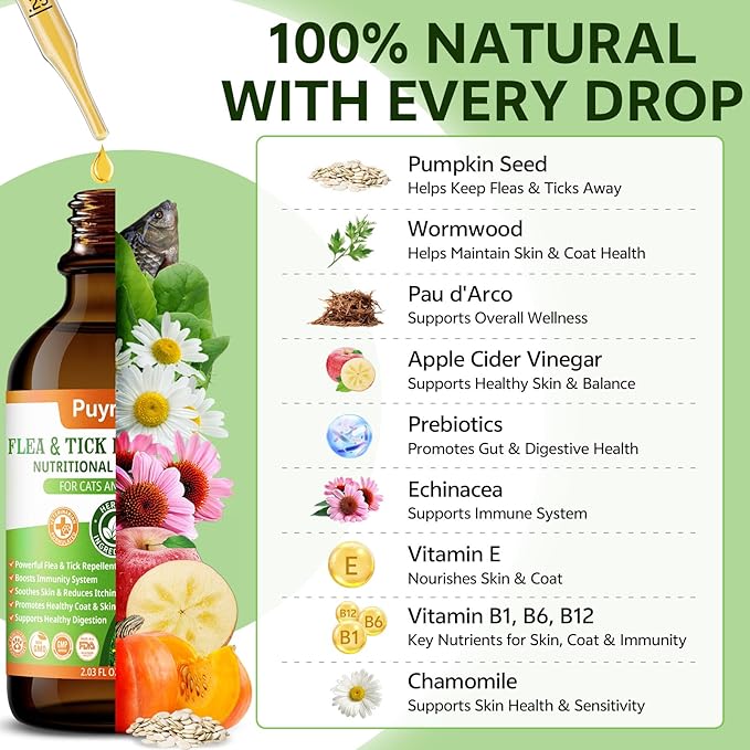 Natural Flea and Tick Prevention for Cats, 60 ML Herbal Formula with Multivitamins, Pumpkin Seed, Flea Treatment for Cats Kittens Supplement Drops - Immune, Skin & Coat Support