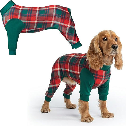 Spark Paws Dog Christmas Pajama, Dog Recovery Suit Male, Onesie, Ultra-Soft and 4-Way Stretch, for Small Medium and Large Breeds - Green and Red Plaid - L