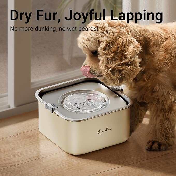 DownyPaws No Spill Water Bowl for Dogs,101oz/3L Slobber Stopper Stainless Steel, Slow Drinking Dog Water Bowl, No Mess Dog Water Dispenser Spill Proof, Dishwasher Safe, Beige