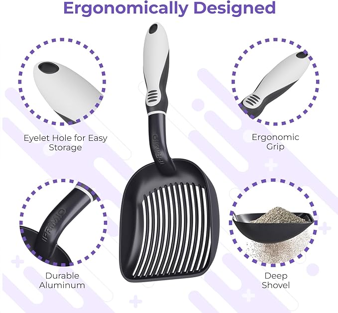 iPrimio Cat Litter Scoop Metal w/ Deep Shovel, Black - Non Stick Plated Aluminum Cat Litter Scooper with Holder - Litter Box Scooper - Metal Cat Litter Scoop - Patented Sifter w/ Holder - Solid Handle
