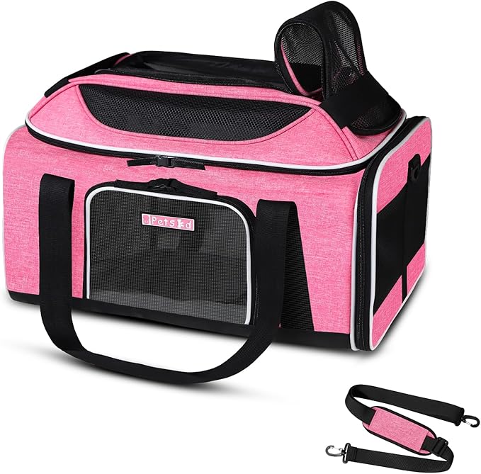 Petskd Top-Expandable Pet Carrier 17x12x8.5 Inches JetBlue Allegiant Spirit Airline Approved, Soft-Sided Carrier for Small Cats and Dogs with Locking Safety Zippers and Anti-Scratch Mesh(Pink)