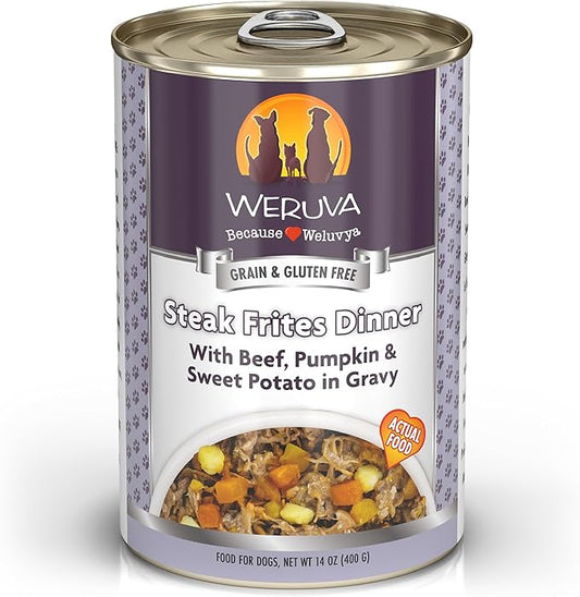 Weruva Classic Dog Food, Steak Frites with Beef, Pumpkin & Sweet Potato in Gravy, 14oz Can (Pack of 12)