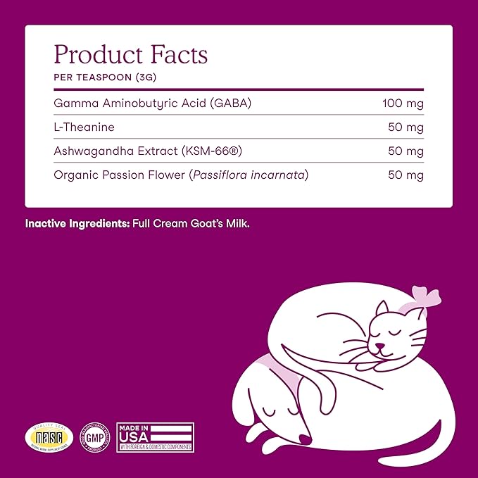 Fera Pets Goat Milk - Calming Supplement for Dogs & Cats - Ashwagandha, L-Theanine, & Passion Flower - Supports Anxiety Relief & Relaxation - for Picky Eaters - 60 TSP