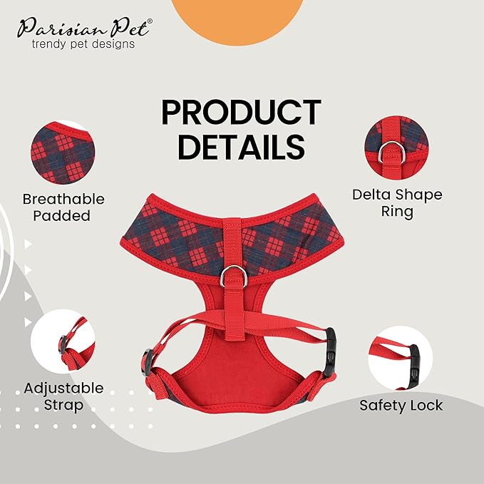 Parisian Pet Dog Harness - Adjustable Plaid Red Dog Vest Harness - 100% Mesh Fabric No Pull Puppy Harness - Cooling Dog Harness for Large Dogs - Idle for Walking, Running, and Hiking - XL