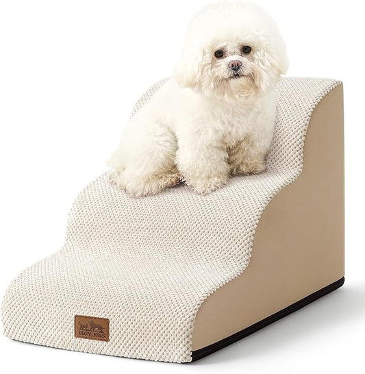 Dog Stairs for Small Dogs 15.7" H, Curved Dog Step for Puppy, Older Cat, Medium Pet Ramp for Sofa, Couch or Chair, Ladder with High Density Foam, 3 Step, 15.7x22.4x15.7 inch, Beige