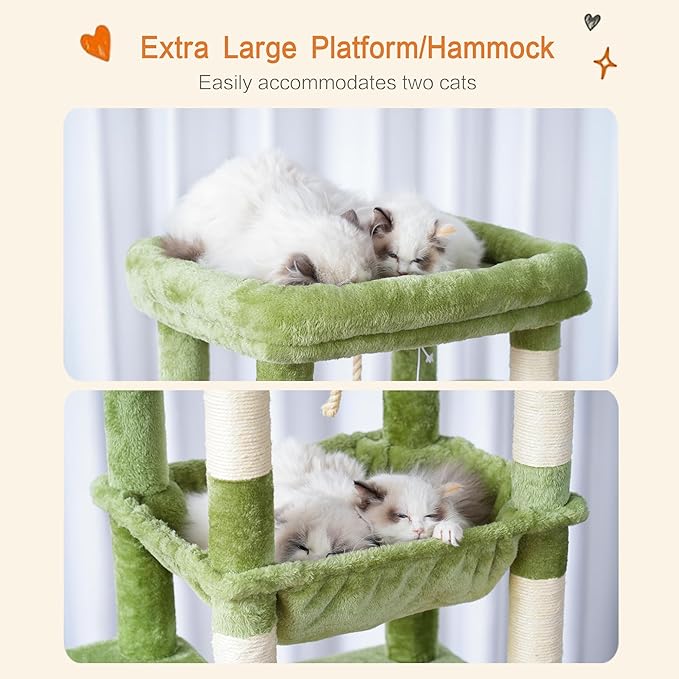 Heybly Cat Tree for Large Cats 20lbs Heavy Duty,60 inches XXL Cat Tower for Indoor Cats, Multi-Level Furniture Condo with Big Padded Plush Perch, Cozy Basket, Green HCT050GR