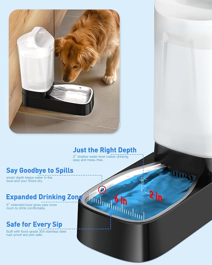 Automatic Dog Water Bowl Dispenser with Filter - 2.4 Gal Large Gravity Auto Pet Water Feeder Waterer with Stainless Steel Bowl & Easy Carry Handle for Large Dog Cat Multi Pet Use