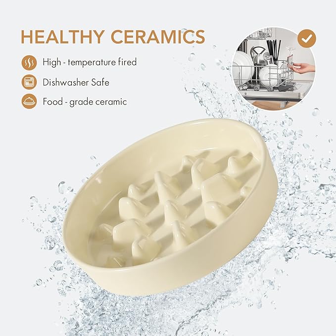 Ceramic 8.2 inch Dog Bowl Slow Feeder, Slow Pet Food Dish for Medium and Large Dog, Stop Bloat, Preventing Choking(Single Bowl, Beige)