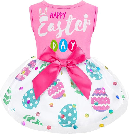 Dog Easter Outfit Cute Happy Easter Day Dog Dress Bunny Eggs Easter Dog Cat Clothes Pink Tulle Pet Doggie Apparel Outfit with Bowknot for Small Dogs Puppy Cat Girl Costume