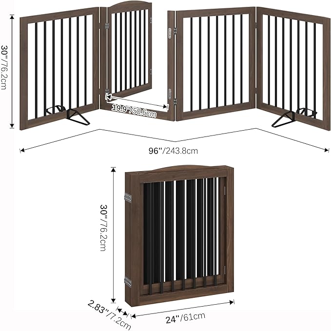 Vantas Folding Pet Gate 96" Wide, 30" Tall No-Assembly Wooden Dog Gate with Door Walk Through, Freestanding Pet Gate, Puppy Safety Fence, with 2PCS Support - Brown
