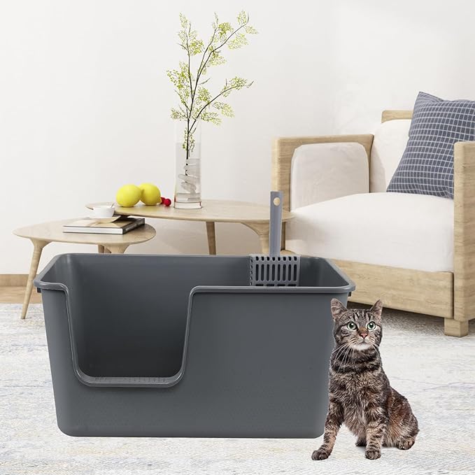 Gloreen 2-Pack Plastic High Sides Cat Litter Box, Open Top Cat Litter Box with Scoop, Grey