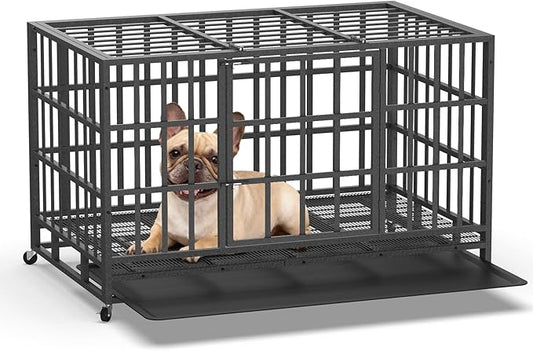 Heavy Duty Indestructible Dog Crate 38 Inch with Removable Tray, Sizes & Colors Optional, Escape Proof Double Door High Anxiety Cage Indoor, Kennel with Wheels for Large Dogs, XL XXL XXL
