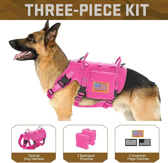 Forestpaw Dog Harness Medium Sized,Tactical Dog Harness with Handle,No Pull Military Style Service Dog Vest with Pockets Adjustable for Medium Large Dogs,Hot Pink,Chest 15.5-25.5"
