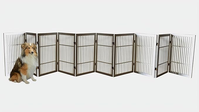 Pet Dog Gate Strong and Durable Freestanding Folding Acacia Hardwood Portable Wooden Fence Indoors or Outdoors by Urnporium (White Pet Gate, 10 Panel 30" Tall)