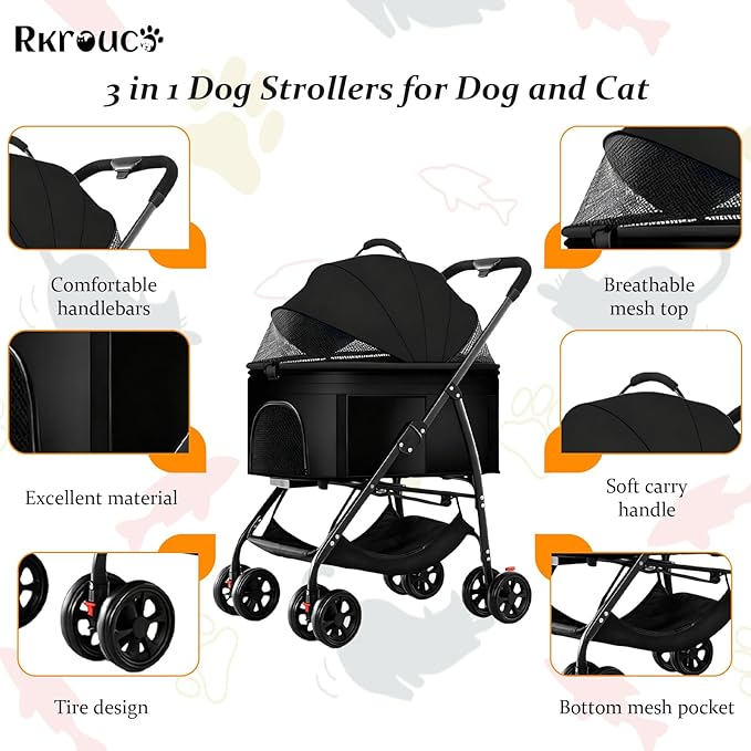 3 in 1 Dog Strollers 4 Wheels Folding Pet Stroller with Detachable Carrier Multifunction Portable Dogs Travel Carriers for Medium Small Puppy Kittens(Solid Black)
