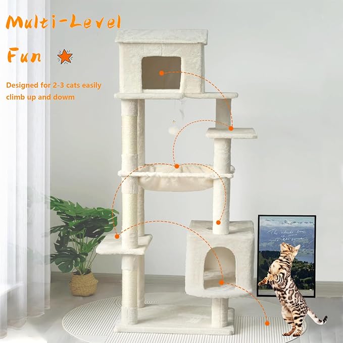 64 Inches Multi-Level Large Cat Tree Tower with Cat House for Indoor Cats/Cozy Perches/Cat Condo/Sisal Scratching Posts/Hammock/Cat Activity Center Play House/Wide Base